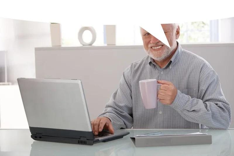 Hide the Pain Harold with a white speech bubble along the top edge, tail pointing at his mouth